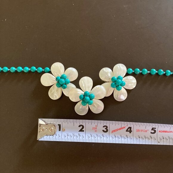Turquoise & Mother of Pearl Flower Shaped Beaded Statement Necklace from Hawaii - Picture 7 of 14